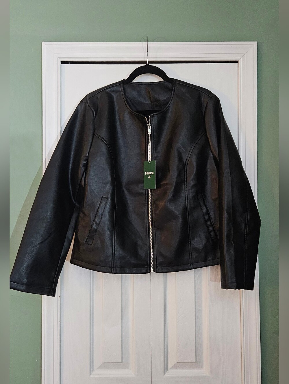 HALARA Black Faux Leather Zip-Front Women's Jacket